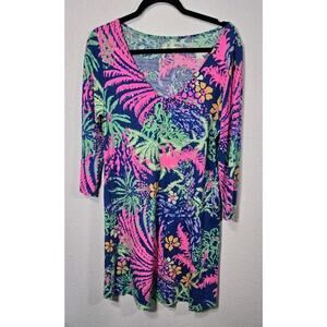Lilly Pulitzer Erin Dress Indigo All a Glow 3/4 Sleeves Floral V-Neck size M
